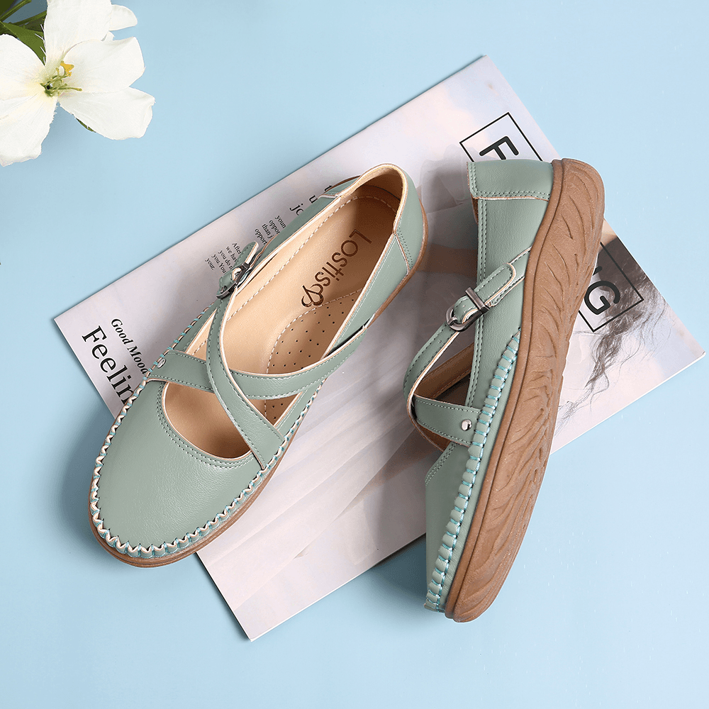 Women Cross Strap Stitching Buckle Slip Resistant Flats