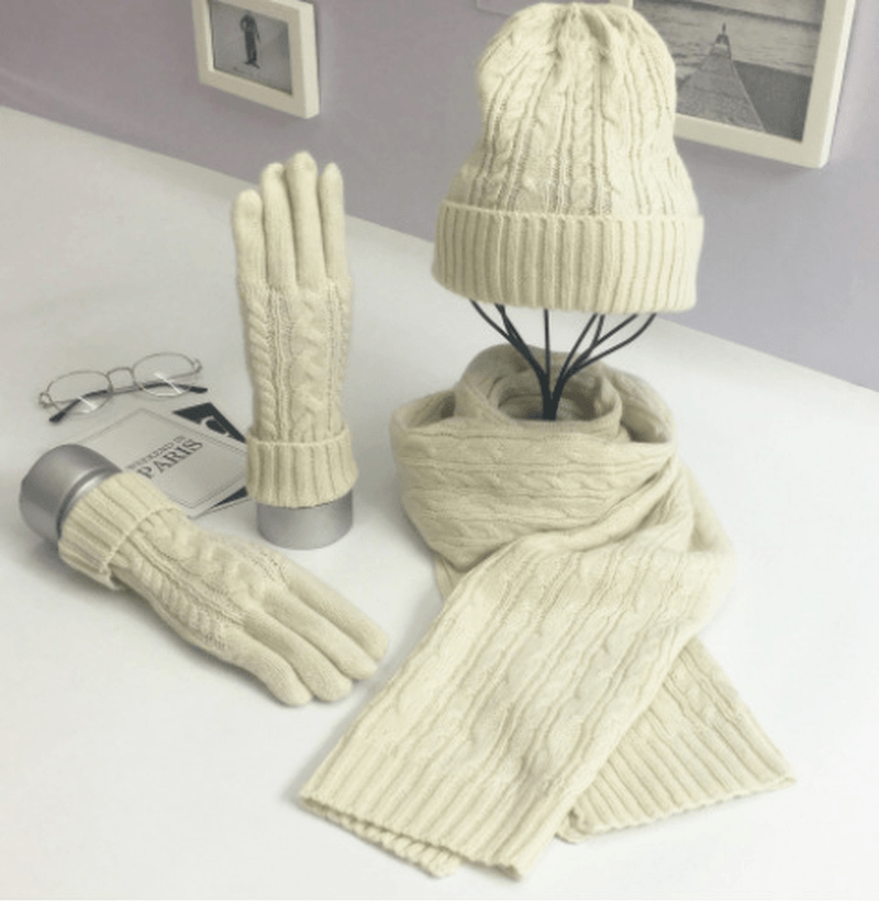 Fashion Solid Color Twist Warm Hat Scarf Glove Set