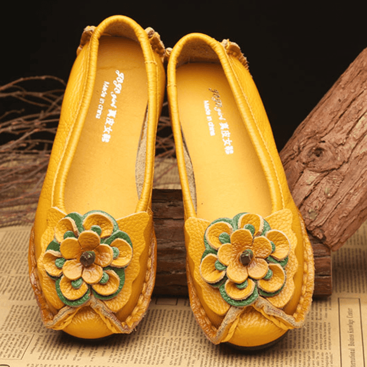 Women Shoes Casual Comfortable Floral Leather Flats