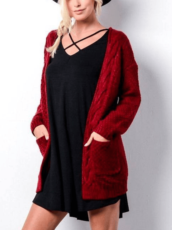 Women Knitted Solid Color Loose Pocket Twisted Cardigans