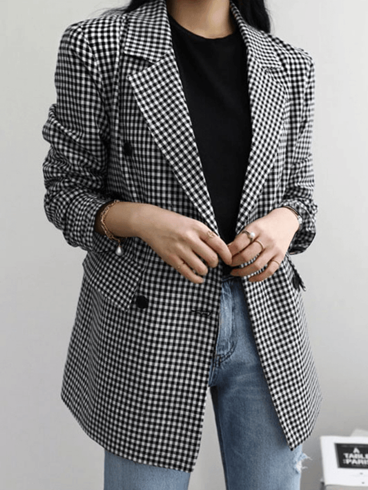 Women Plaid Casual Full Sleeve Knee Length Retro Business Unlined Suits