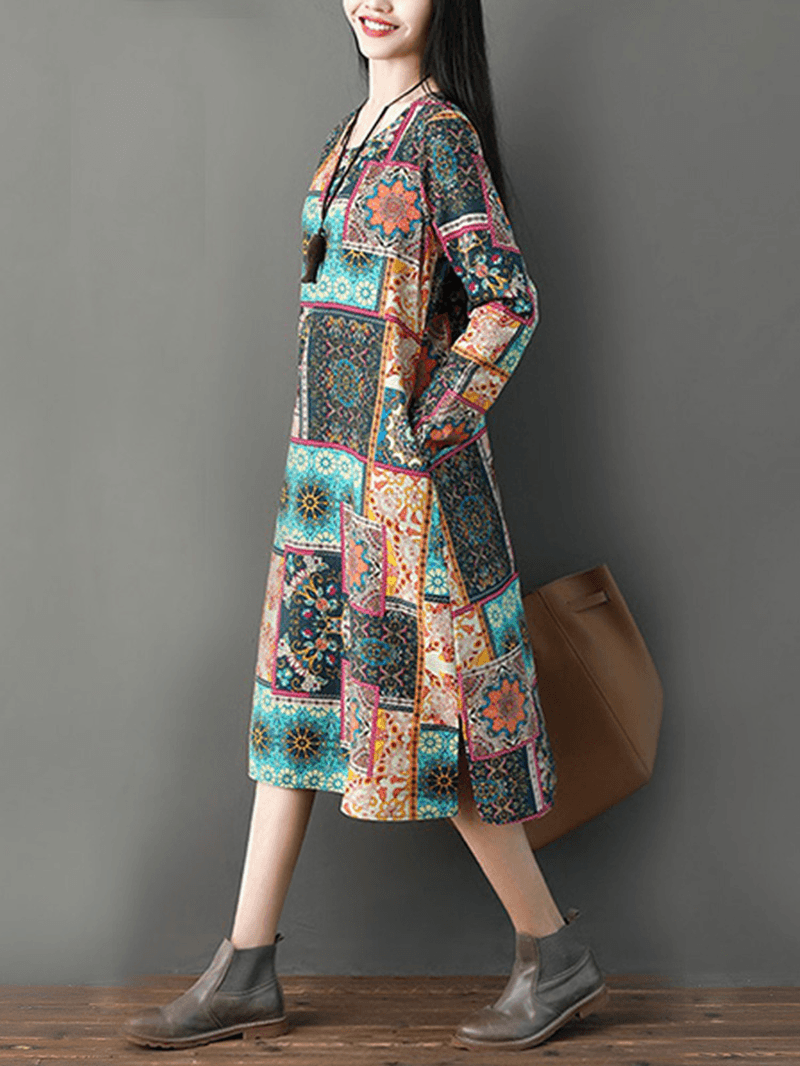 Women Casual Loose Printed O-Neck Long Sleeve Dress