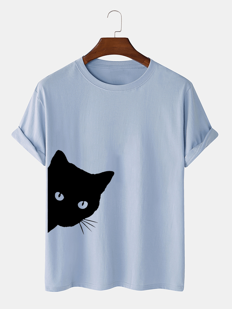 Mens 100% Cotton Cute Cartoon Cat Print Breathable Casual Short Sleeve T-Shirts