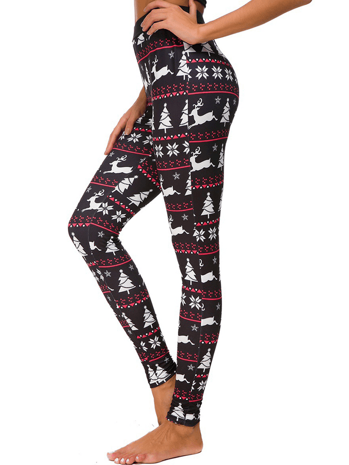 Women Slim Elastic Waist Elk Christmas Printed Leggings - MRSLM