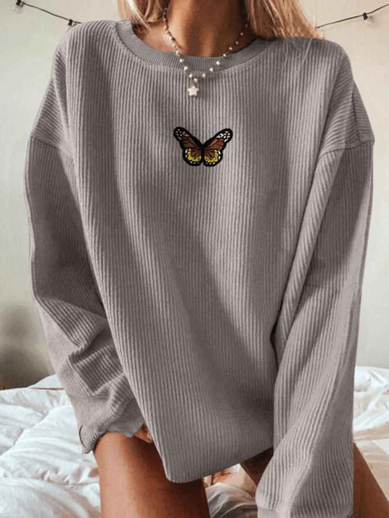 Women Corduroy Funny Pattern Embroidery Collegiate Loose Casual Solid Sweatshirt