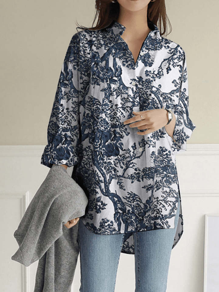 Women Floral Print Lapel Collar High Low Split Hem Long Sleeve Casual Shirts