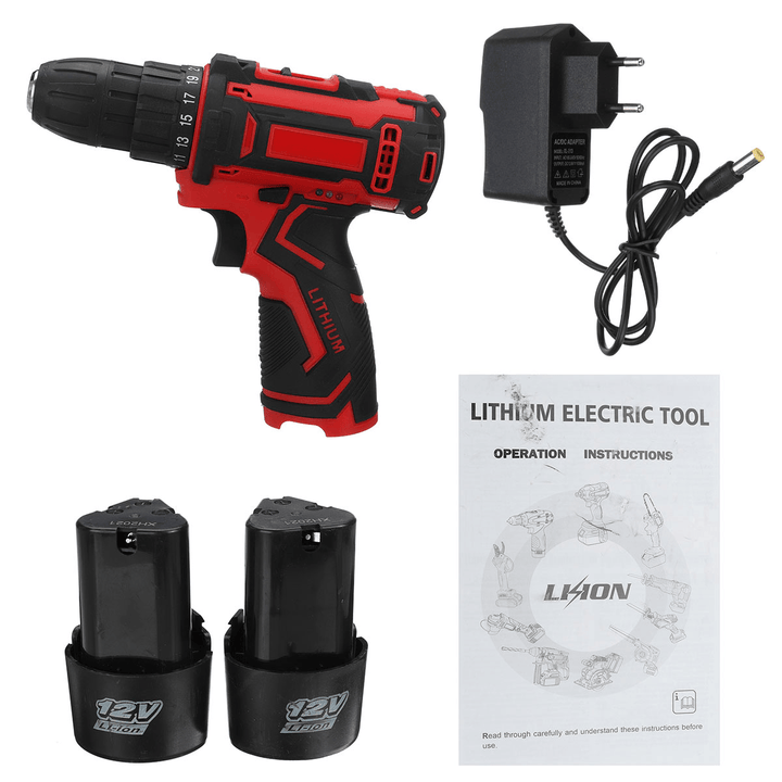 12V 300W 2 Speed Cordless Drill Driver 25+1 Torque 1350 RPM 10Mm Electric Screwdriver W/ 1/2 Battery