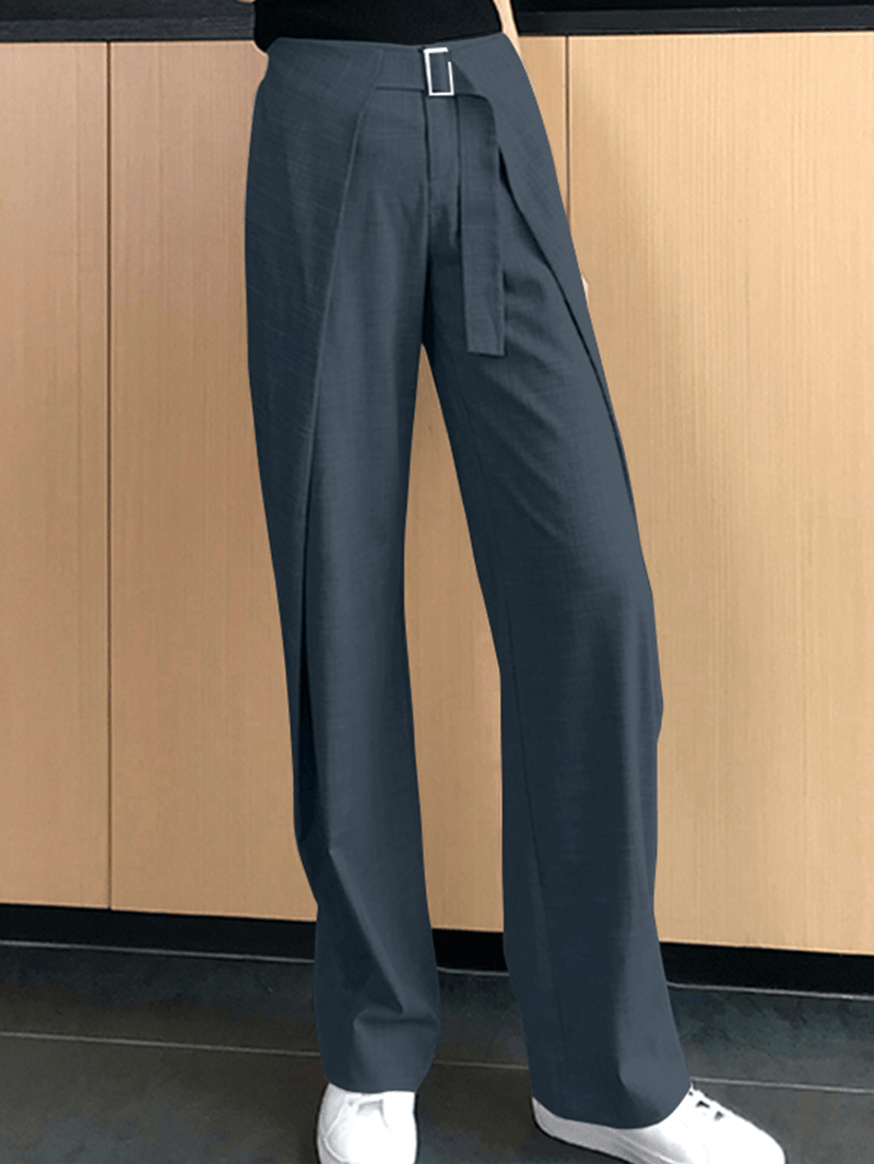 Women Solid Business Zipper Fly High Waist Wide Leg Pants with Buckle - MRSLM