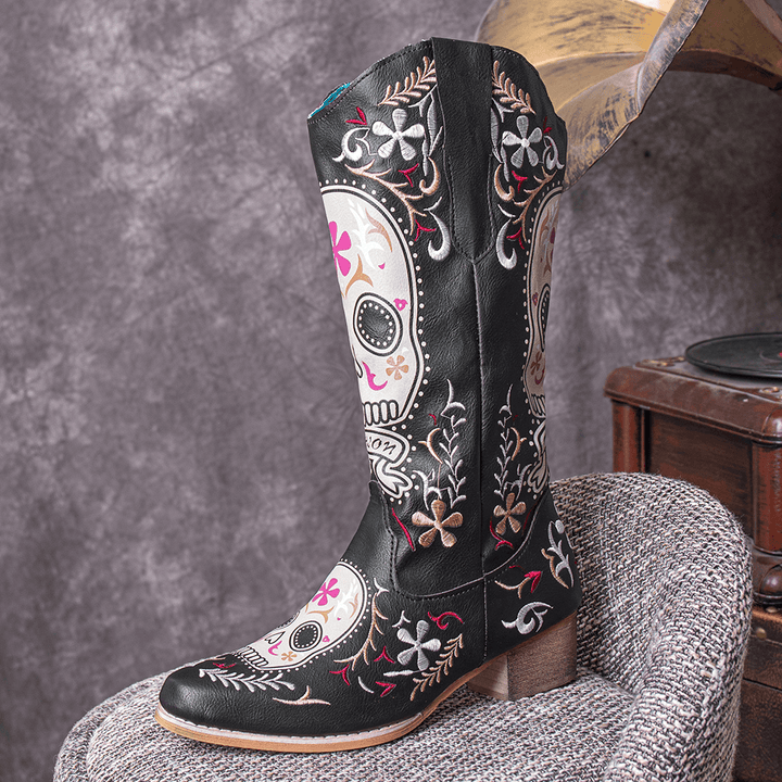 Women Color Kartoon Printed Embroidered Wear Resistant Chunky Heel Mid-Calf Boots