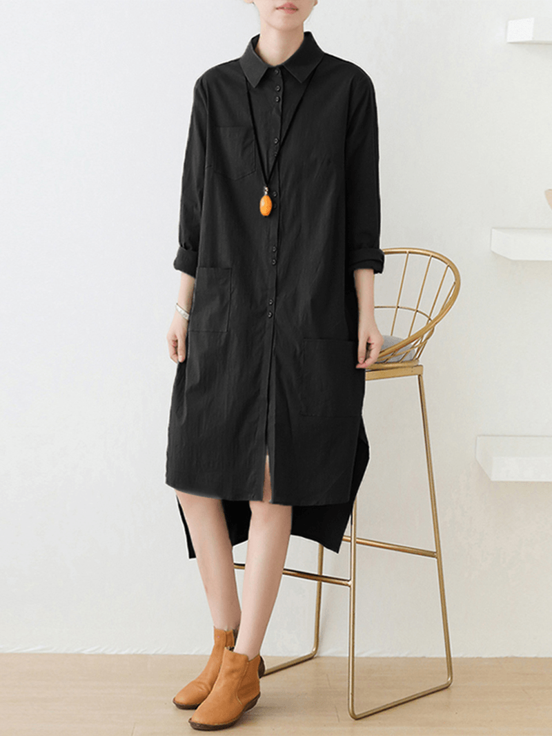 Women Solid Color Button Pocket Lapel Collar High-Low Hem Long Sleeve Shirt Dress