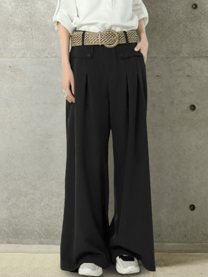 Women Solid Color Button Casual Loose Wide Leg Pants with Pocket