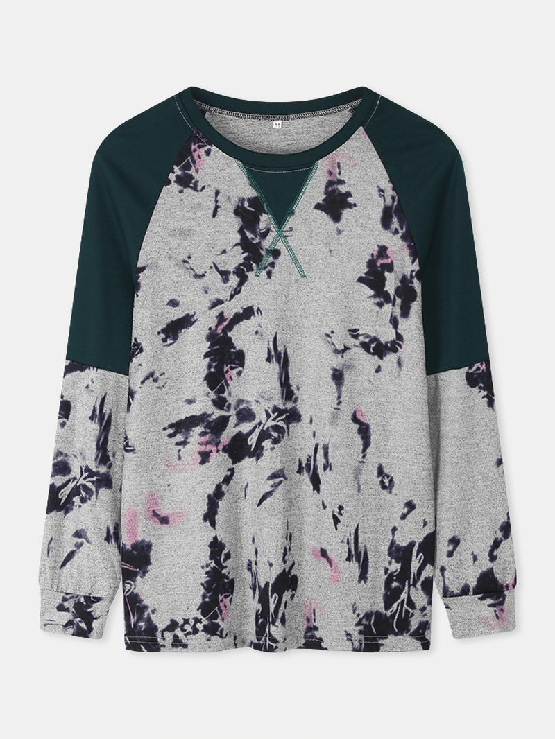 Women Tie Dye Patchwork Raglan Sleeves Blouse