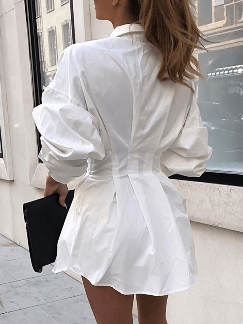 Women Solid Lapel Long Sleeves Tie Waist Casual Shirt Dress