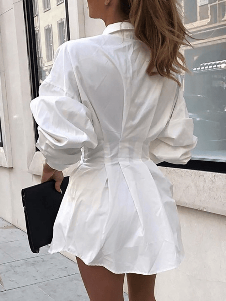 Women Solid Lapel Long Sleeves Tie Waist Casual Shirt Dress