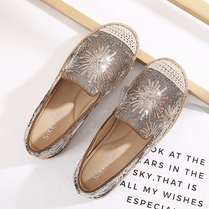 Women Casual Sequined Flowers Pattern Espadrille Flats Loafers