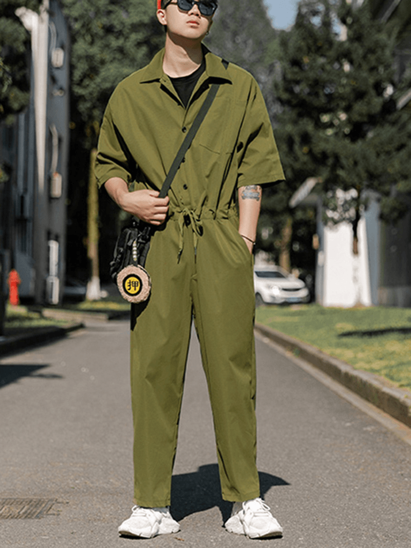 Men Solid Color Chest Pocket Drawstring Half Sleeve Rompers Pants