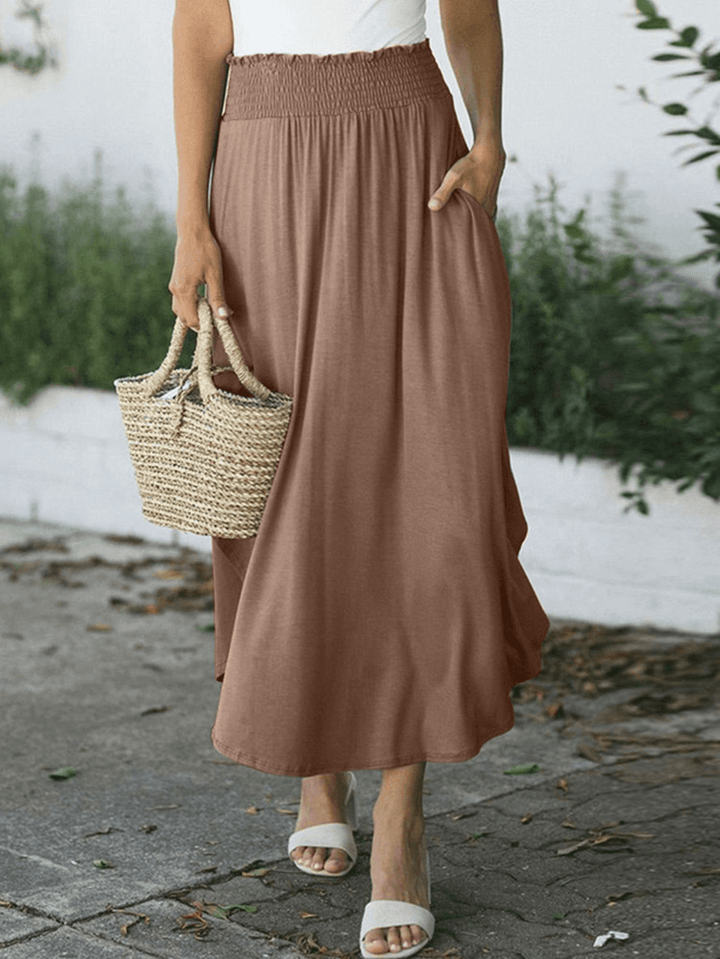 Women Elastic Waist Irregular Hem Side Fork Casual Skirts with Pocket