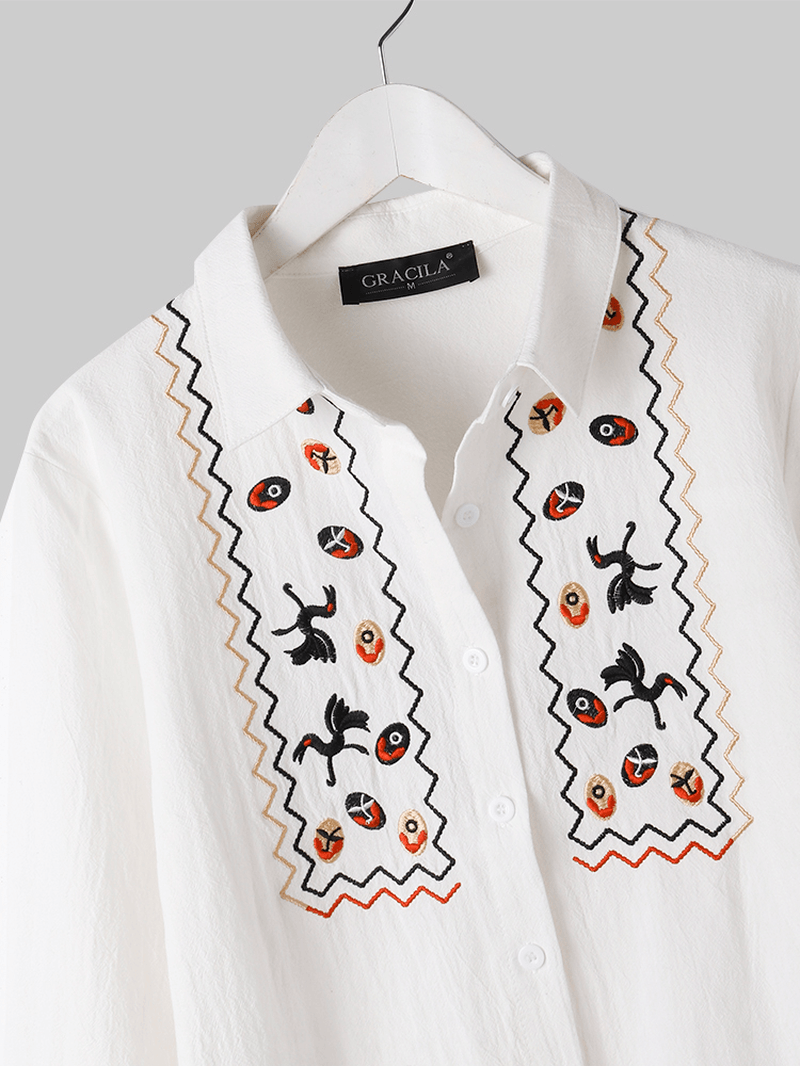 Women White Lapel Ethnic Embroidery Daily Casual Long Sleeve Shirts