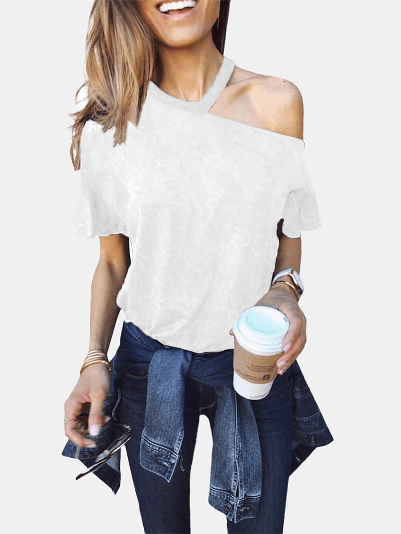 Women Solid Color off Shoulder Long Sleeve Casual Blouse