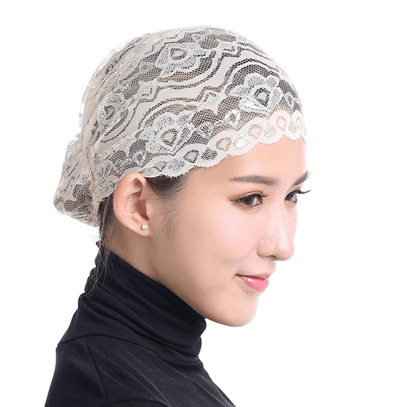 Women Shiny Lace Head Coverings Headscarf Hat Islamic Headwear Cap Scarf Hijab Undercaps - MRSLM