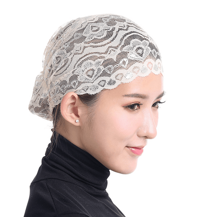 Women Shiny Lace Head Coverings Headscarf Hat Islamic Headwear Cap Scarf Hijab Undercaps - MRSLM