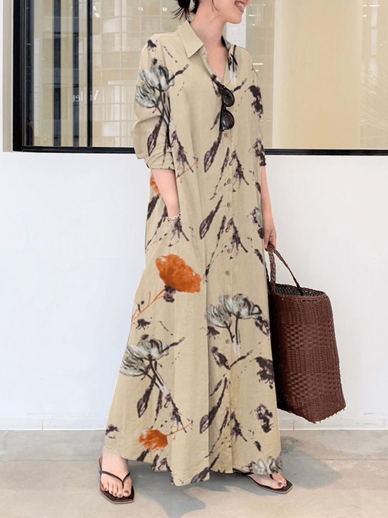 Floral Printed Lapel Collar Long Sleeve Button Split Hem Maxi Shirt Dress with Pocket