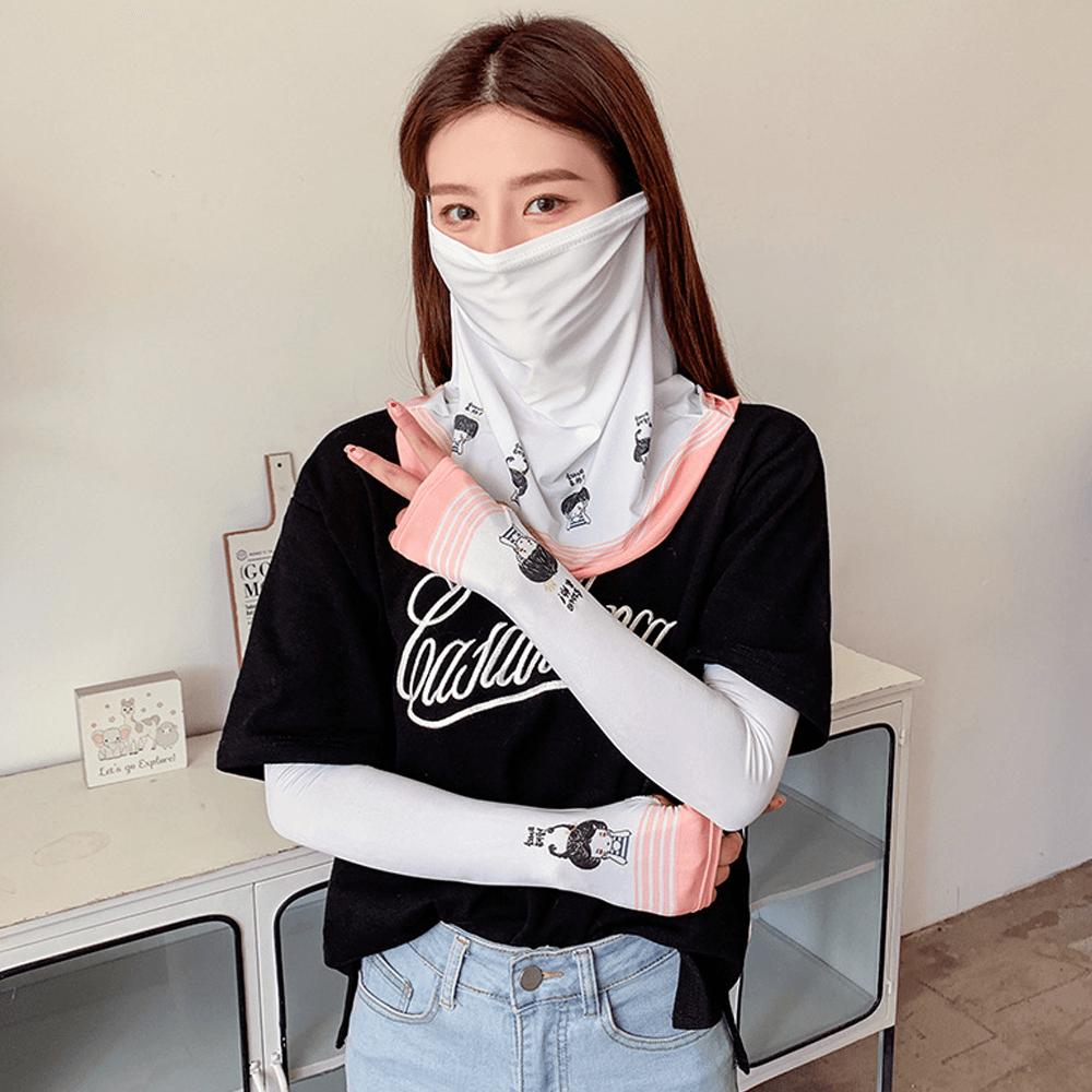 Women Sunscreen Summer Outdoor Cute Printing Ice Silk Sleeve Arm Guard Sleeve Breathable Cover Face Veil Mask - MRSLM