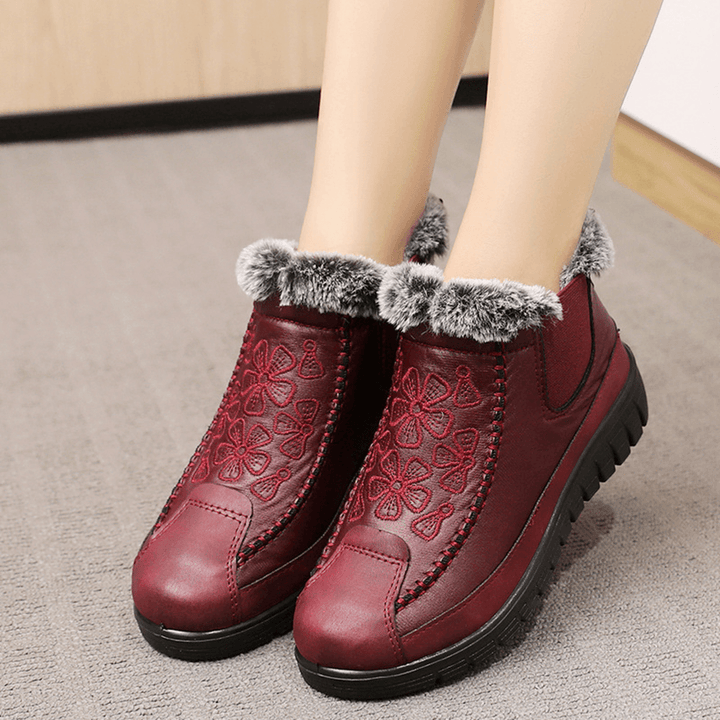 Women Comfy Floral Embroidered Waterproof Warm Lining Cotton Snow Boots