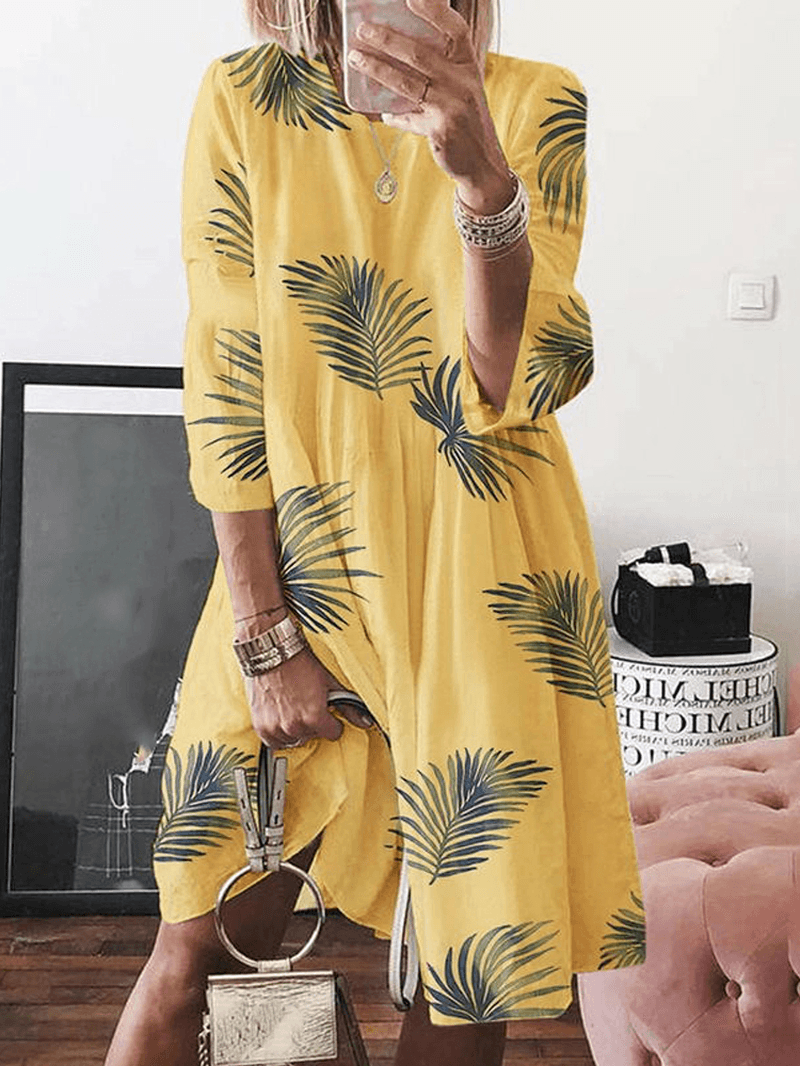 Women Floral Plant Print Long Sleeve Beach Holiday Loose Dress - MRSLM