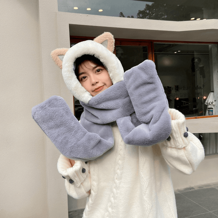 Cat Scarf Hat Gloves One Faux Rabbit Fur Cute Ear Protection