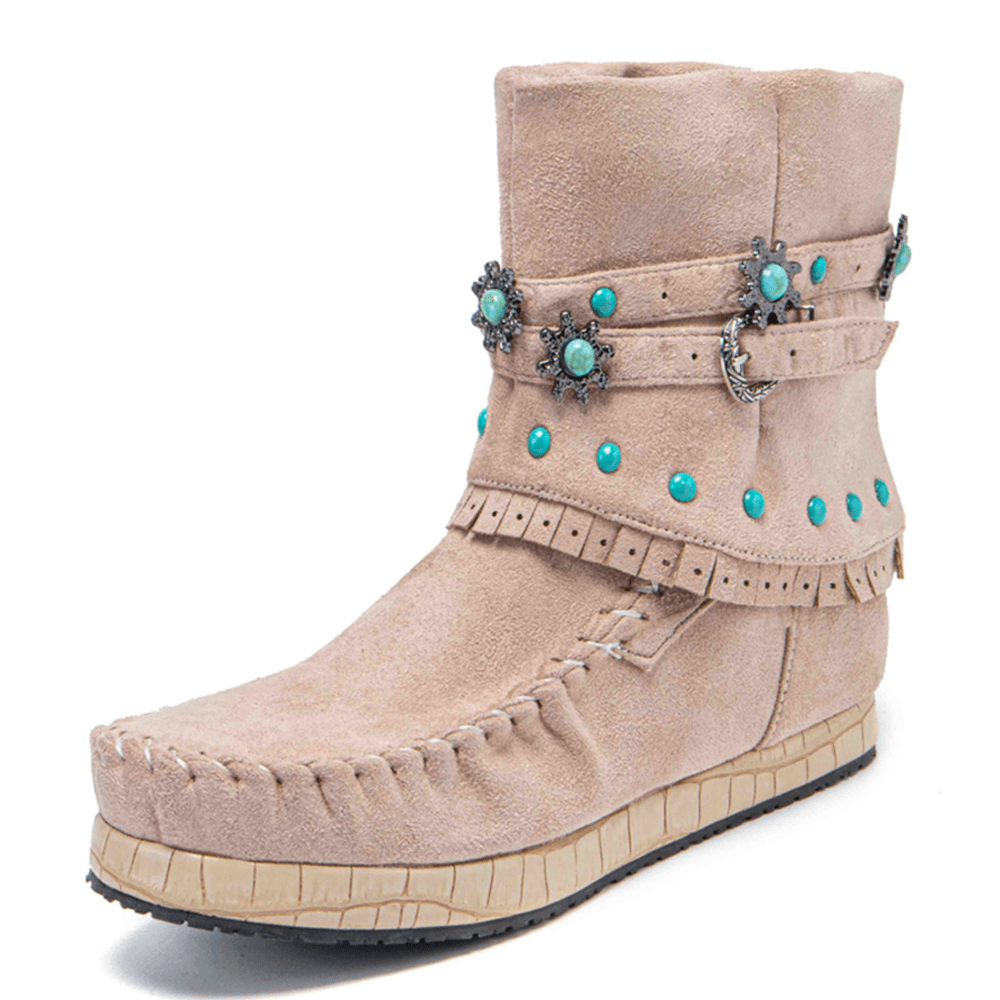 Plus Size Women Ethnic Rhinestone Tassel Flat Moccasin Short Boots - MRSLM