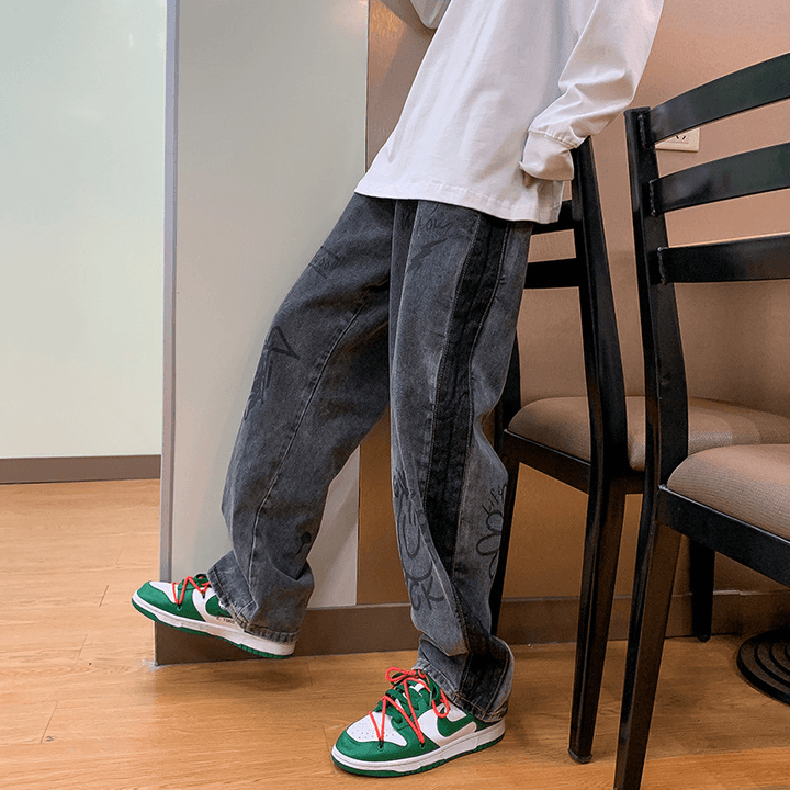 Trendy Brand Jeans Men'S Loose Fashion Long Pants Personality Printing Straight-Leg Pants