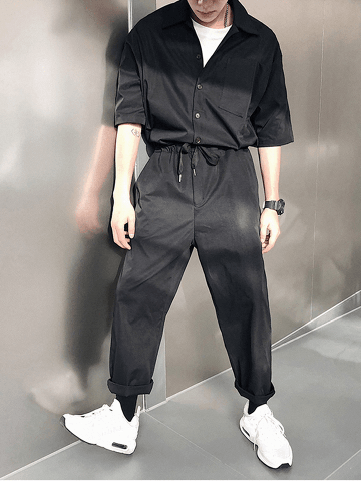 Men Solid Color Chest Pocket Drawstring Half Sleeve Rompers Pants