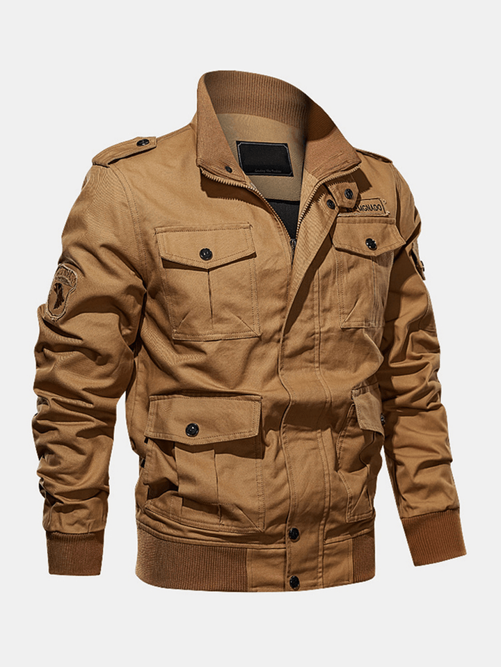 Mens 100% Cotton Badge Zip Front Outdoor Cargo Jacket with Multi Pocket