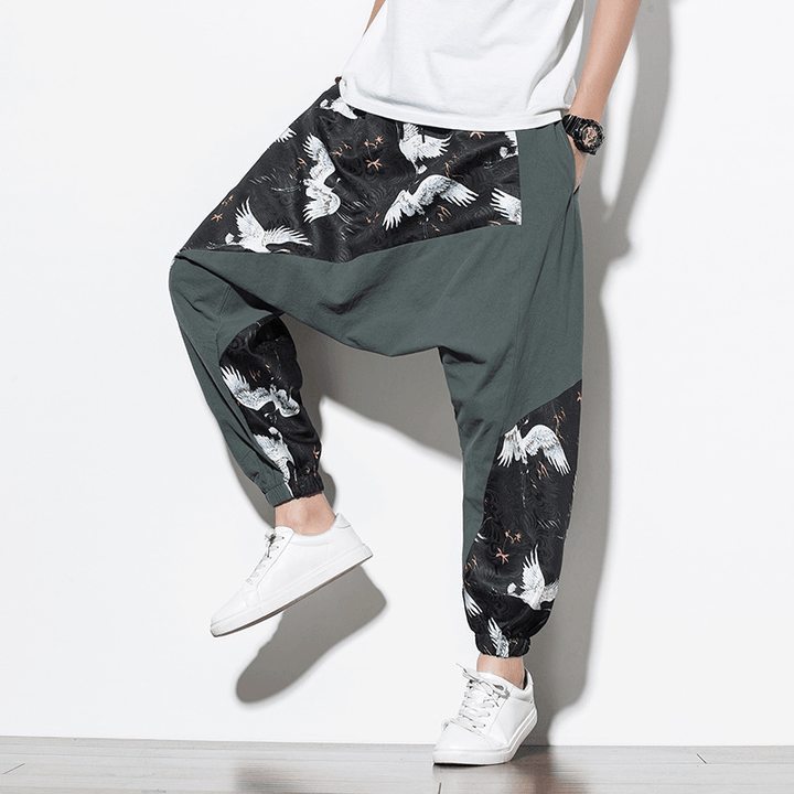 Chinese Style Crane Print Big Crotch Cotton and Linen Casual Pants