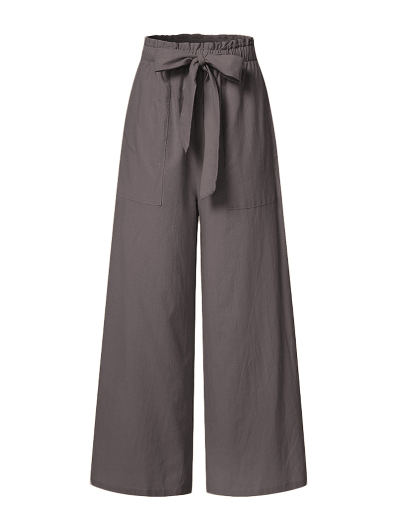 Women Cotton High Drawstring Elastic Waist Loose Solid Wide Leg Pants