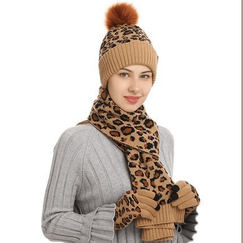 Winter Leopard Print Warm Knitted Wool Hat Scarf Gloves Three Piece Set