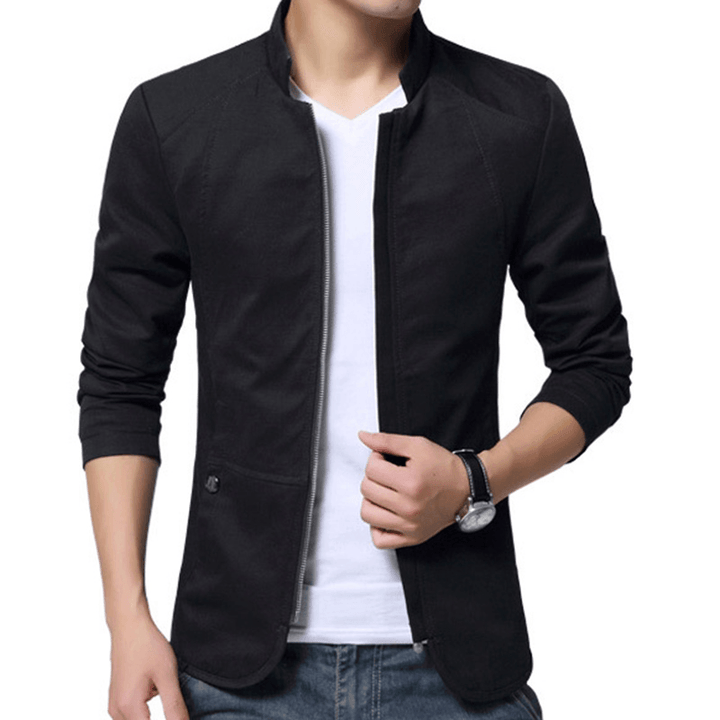 Men Fashion Business Stand Collar Cotton Casual Solid Jacket