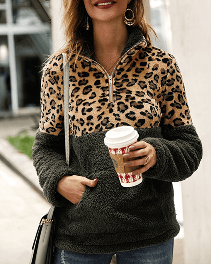 Women Casual Leopard Print Patchwork Long Sleeve Jumper Sweatshirt