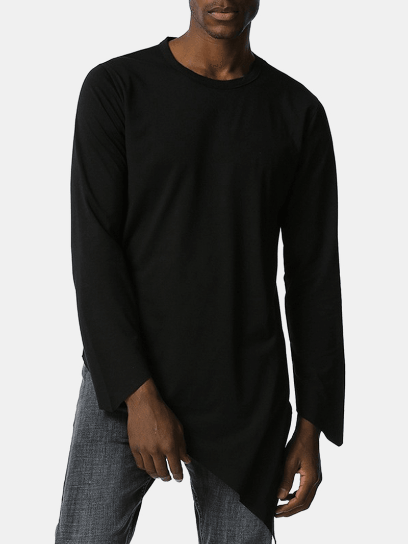 Mens Solid Color round Neck Long Sleeve Asymmetrical Hem Simple T-Shirts