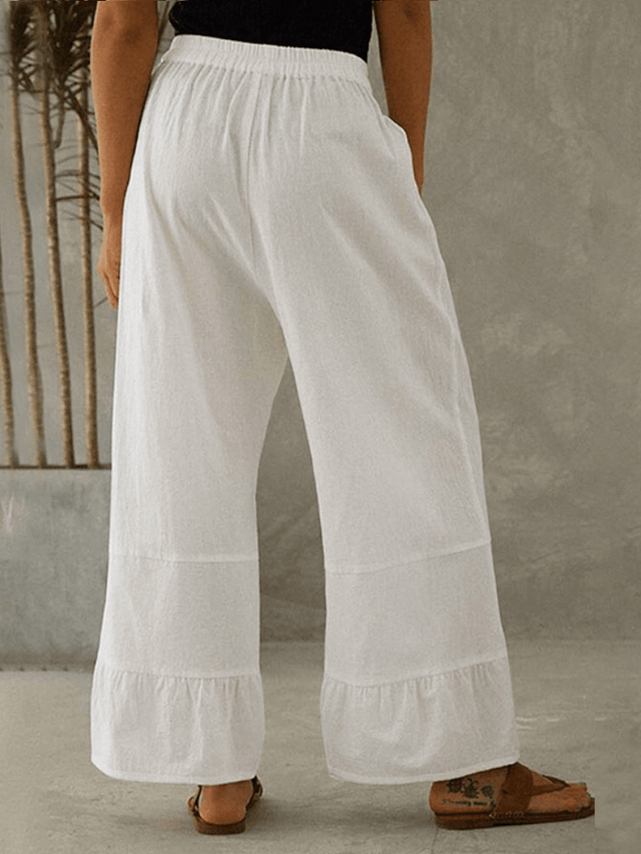 Women Cotton Plain Ruffle Cuff Elastic Waist Loose Casual Solid Wide Leg Pants