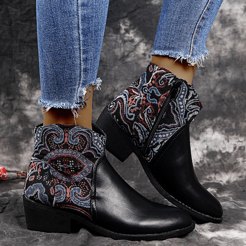 LOSTISY Retro Flower Cloth Stitching Comfy Wearable Side Zipper Block Heel Ankle Boots