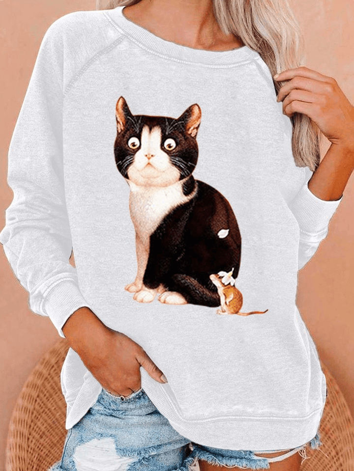 Women Cute Cat Graphics round Neck Casual Raglan Sleeve Sweatshirts