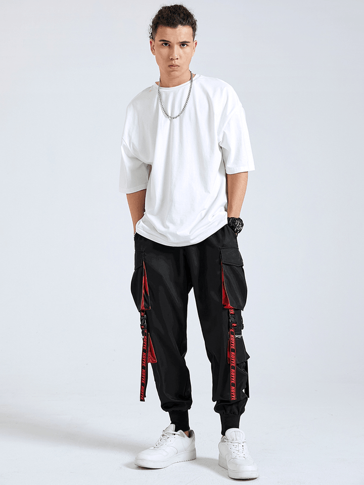 Mens Letter Tape Multi Pockets Fashion Pants