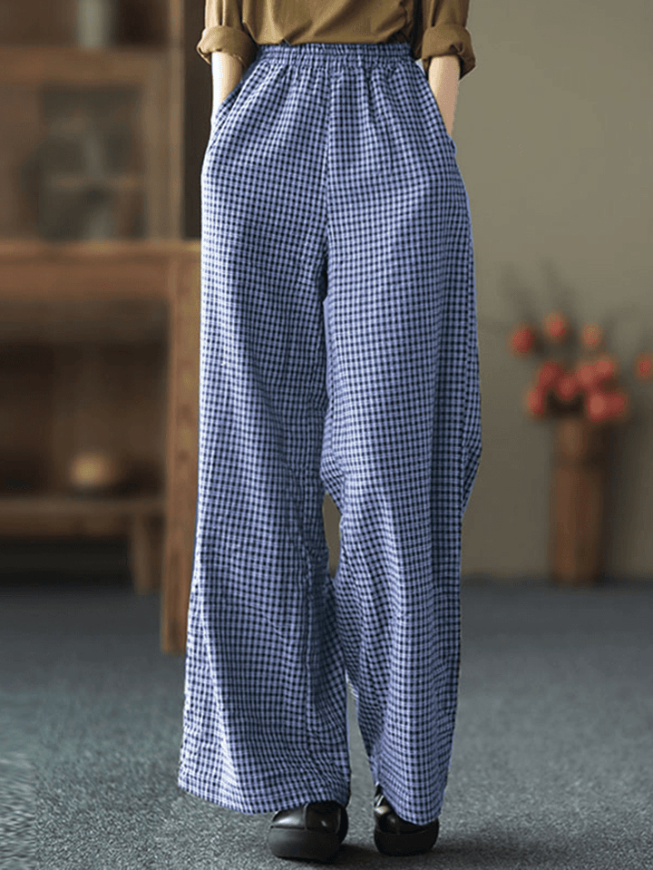 Women Plaid Wide-Legged Elastic Waist Side Pocket Ankle Length Loose Pants