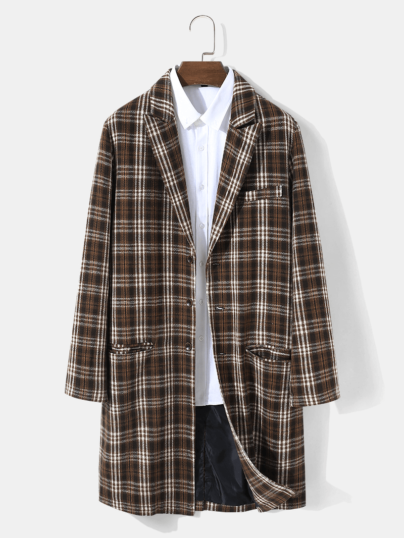 Men Plaid Woolen Single-Breasted Flat Collar Long Trench Pockets Causal Coats