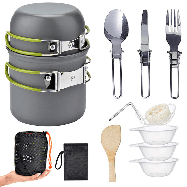 Ipree¬Æ 12Pcs/Set Camping Cookware Set Stainless Steel Portable Set of Pots and Pans Outdoor Camping Cutlery - MRSLM