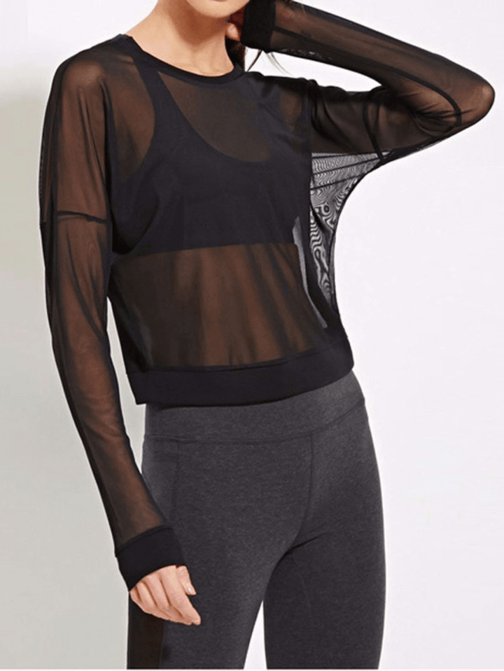 Women Black Mesh See through Long Sleeve Shirt Casual Blouse