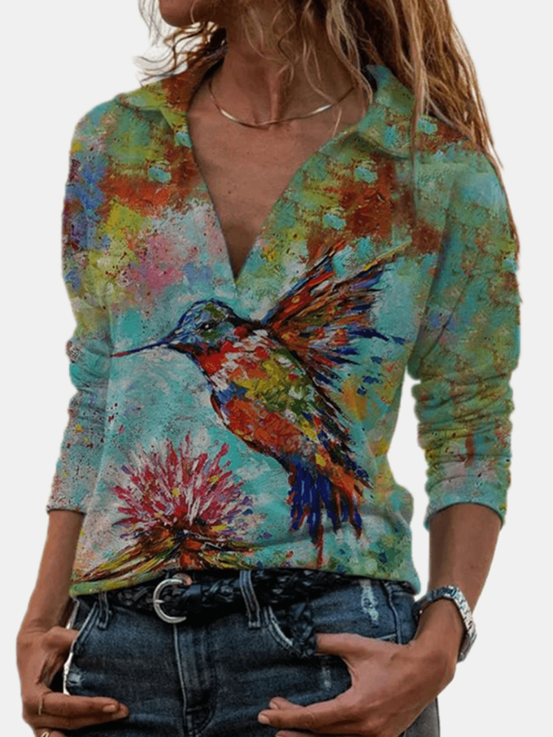 Women Art Painting Animal Printed Lapel Plunge Casual Long Sleeve Blouses - MRSLM