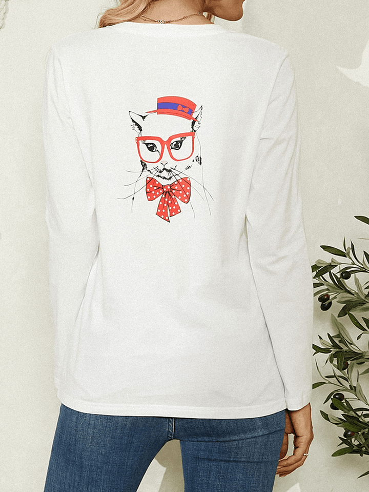 Women Cartoon Cat Print round Neck Casual Long Sleeve Blouses